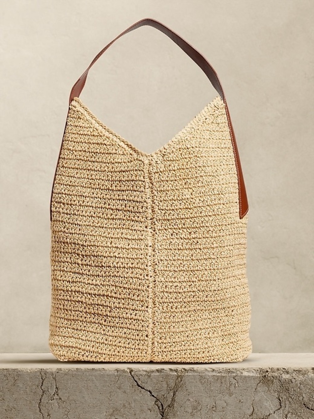 NEW Banana Republic Slouchy Vida Straw Shoulder Bag Tote with Dark Brown Leather